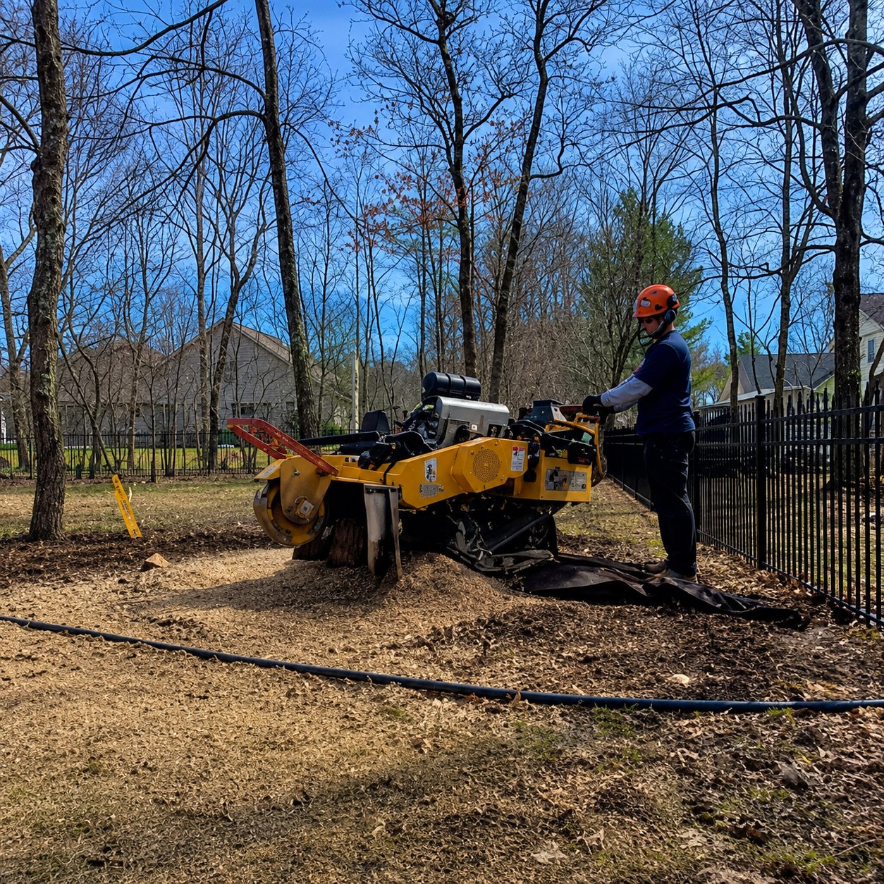 Stump grinder cutting into a large stump with fresh wood chips flying